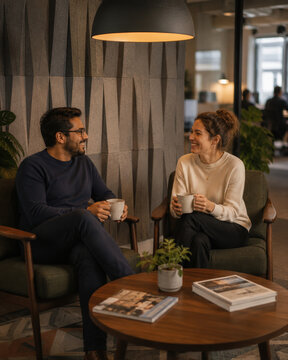 Coworkers Having Informal Conversation in Modern Office Lounge with Copy Space
