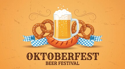 Obraz premium Oktoberfest beer festival illustration featuring a beer mug, pretzels, and sausage with a decorative background in warm colors