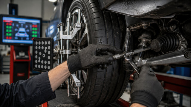 Digital Suspension and Wheel Diagnostics in Professional Automotive Workshop with Copy Space