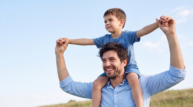 Father carries son on shoulders outdoors, both smiling against a clear blue sky with grassy field in the background