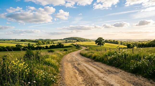 Scenic rural road winding through vibrant yellow flower fields. Golden countryside path with lush greenery and clear skies.