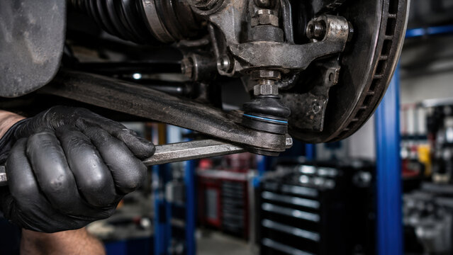 Mechanic Repairing Suspension Ball Joint and Control Arm in Automotive Workshop