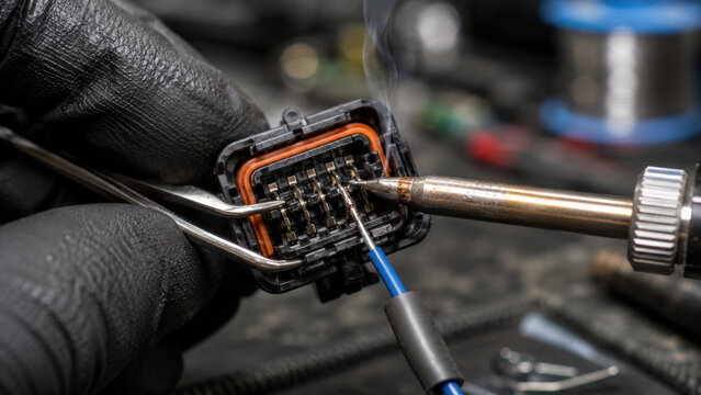 Automotive Technician Repairing Electrical Connector Pins with Precision Tool and Copy Space