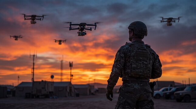 Soldier in military uniform observes multiple drones flying against a dramatic sunset sky at a remote base with equipment in the background