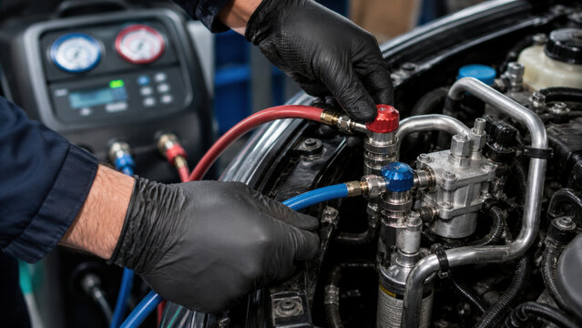 Automotive Air Conditioning Recharge and Refrigerant Diagnostics with Copy Space