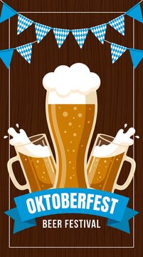 Oktoberfest beer festival illustration featuring tall beer glass and two smaller mugs with decorative blue and white bunting