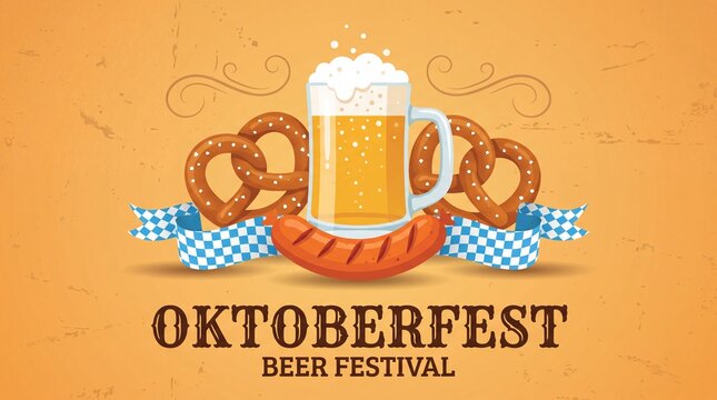 Oktoberfest beer festival illustration featuring a beer mug, pretzels, and sausage with a decorative background in warm colors