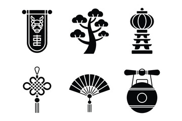 Naklejka premium Asian traditional cultural symbol collection silhouettes with oriental, tradition
