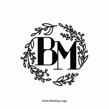 Elegant Floral BM Initial Wedding Logo Monogram with Botanical Wreath