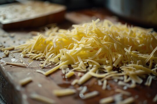 Grated cheese sits on a wooden cutting board, ready for use in a culinary creation