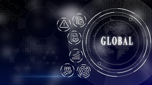 Modern digital icons with globe and business symbols on tech background