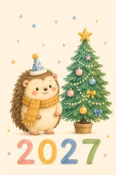 Cute hedgehog wearing party hat and scarf standing beside decorated Christmas tree. Happy New Year 2027 greeting card illustration. Festive holiday design with confetti and star.