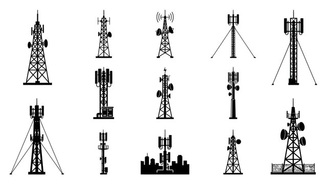 Cell tower silhouettes a collection of vector communication structures on a white background radio