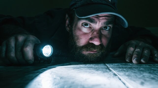 A man in a baseball cap peeking around a corner with a flashlight at night
