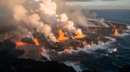Fototapeta premium Molten lava reaches the ocean waves creating thick steam.