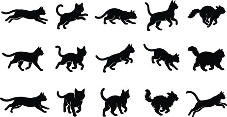 Fototapeta premium Collection of various black halloween cat poses featuring dynamic movement and playful actions captured in a clean artistic minimalist black silhouette