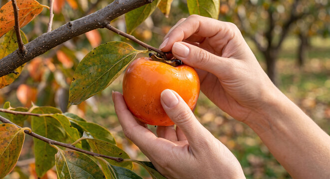 Close up of farmer hands picking ripe orange persimmon fruit from tree branch in autumn orchard