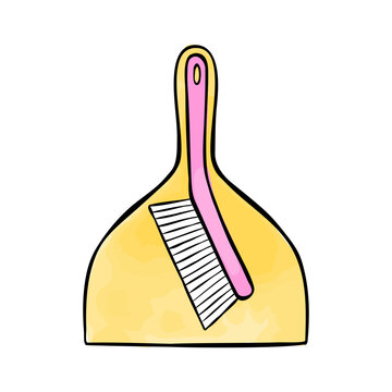 Vector line art illustration of broom and dustpan with watercolor stains. Stylized clip art of household accessory for cleaning services, web, apps, or print. 