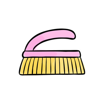 Vector clip art of Laundry brush with watercolor stains. Stylized illustration of household scrubbing accessory for poster, cleaning services, apps, or print. 