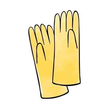 Vector clip art of latex cleaning gloves with yellow watercolor stains. Stylized illustration of household accessory for poster, web, services, apps, or print. 