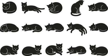 Collection of various black cats in different poses and positions for a festive halloween theme presented in a striking silhouette © Mst