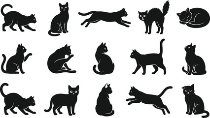 Fototapeta premium Collection of various black cat poses for creative holiday projects featuring a distinctive and artistic halloween cat themed graphic design silhouette
