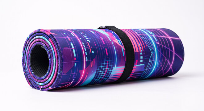 Rolled fitness yoga mat with bright abstract synthwave pattern isolated on white background.