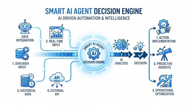 Smart AI agent decision engine infographic. Artificial intelligence automation workflow diagram.