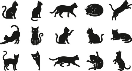 Obraz premium Collection of various black cats in different poses for spooky holiday decorations presented as a creative and artistic graphic design silhouette