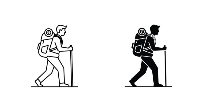 Hiker with backpack and trekking poles a linear black and white silhouette hiking trekker mountaineer mountaineering rucksack