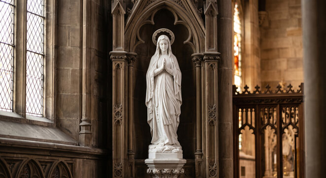 Marble statue of the Virgin Mary inside a gothic cathedral church interior.