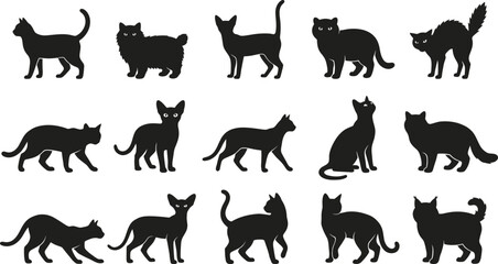 A collection of various poses of a black halloween cat presented in a minimalist and striking artistic graphic design style silhouette © Mst