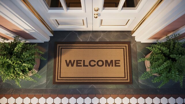 Welcome mat at front door entrance. Coir doormat with greeting text at residential house.