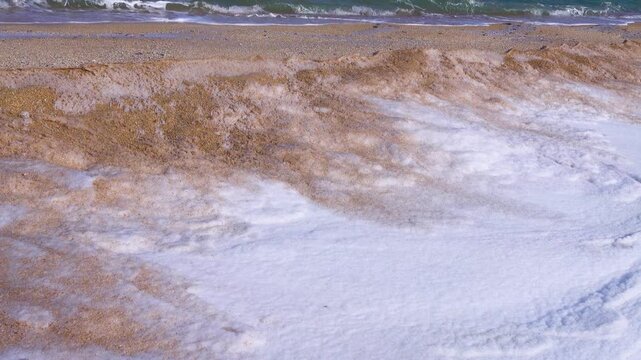 Cream ice, ice fat on Azov Sea. In calm, frosty weather, even salt water freezes, pancake ice forms, The waves knock the ice into white frozen stripes on the shore, the white foam and sand hardens