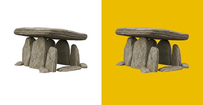 Ancient stone dolmen tomb structure made of large weathered rocks isolated on solid color backgrounds