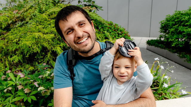Father and baby enjoying a sky garden in Tokyo