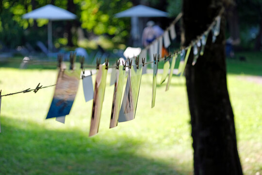 Photos hung up on a line at a wedding