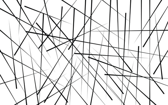 Abstract random straight lines background vector illustration. Black chaotic intersecting diagonal line network texture, modern minimalist geometric art graphic template.