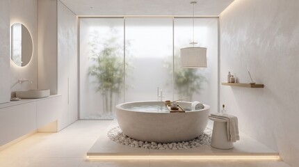 Fototapeta premium Modern luxury bathroom with freestanding tub. Minimalist spa interior with stone bathtub.