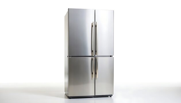 Modern minimalist stainless steel kitchen appliance refrigerator.
