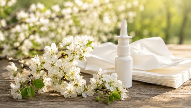 Nasal spray and paper tissue on wooden table with blooming spring tree branch. Allergy treatment during pollen season. Medical remedy for rhinitis, hay fever and seasonal cold symptom relief.