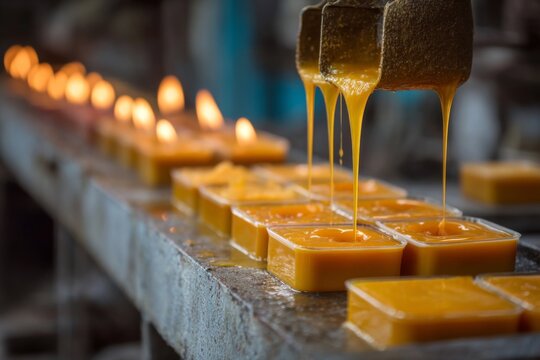 Candle making process with melted wax being poured into molds in a factory setting