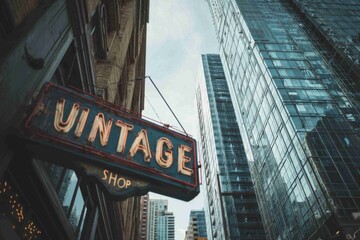 Fototapeta premium Vintage shop sign in city center with tall buildings around