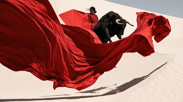 Red cape flowing in wind with bull and man