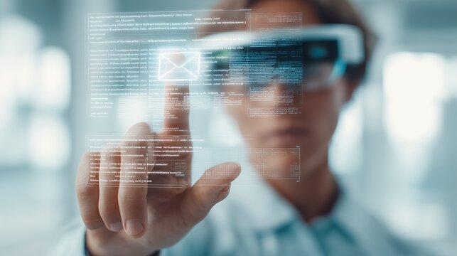The specialist works with a transparent screen. A gesture to a holographic interface, AR glasses, windows with a code and a letter icon, a cybersecurity and email theme, an office environment.