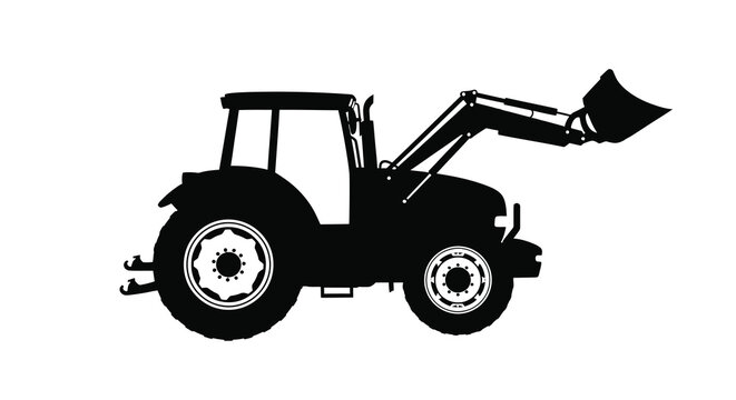 A black silhouette of a farm tractor with a front end loader against a white background silhouette agriculture