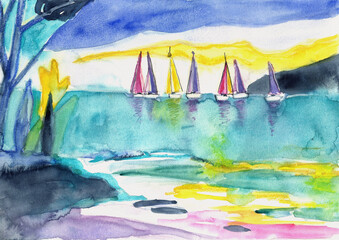 Colorful sailboats on the French Riviera, hand-painted watercolor © pronoia