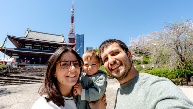 Family visit to Zojo-ji Temple with Tokyo Tower view