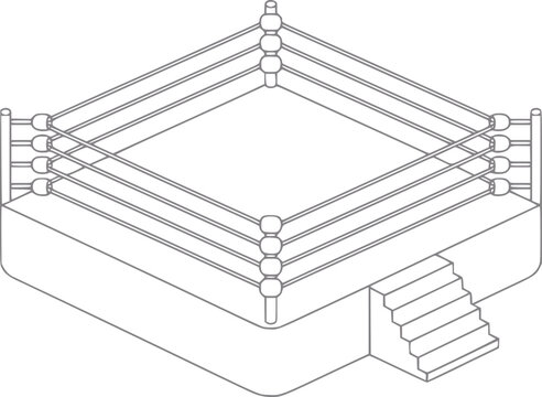A minimalist isometric line of a boxing ring with stairs on a white background