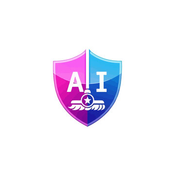 Pink and blue shield logo with AI cleaning mop.